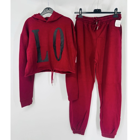 Burgundy Love Print Long Sleeve Hooded Crop Top and Joggers Pants Two Piece Set - Picture 10 of 13